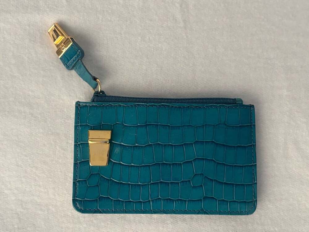 Etienne Aigner Teal Croc Embossed Leather Card Case Wallet